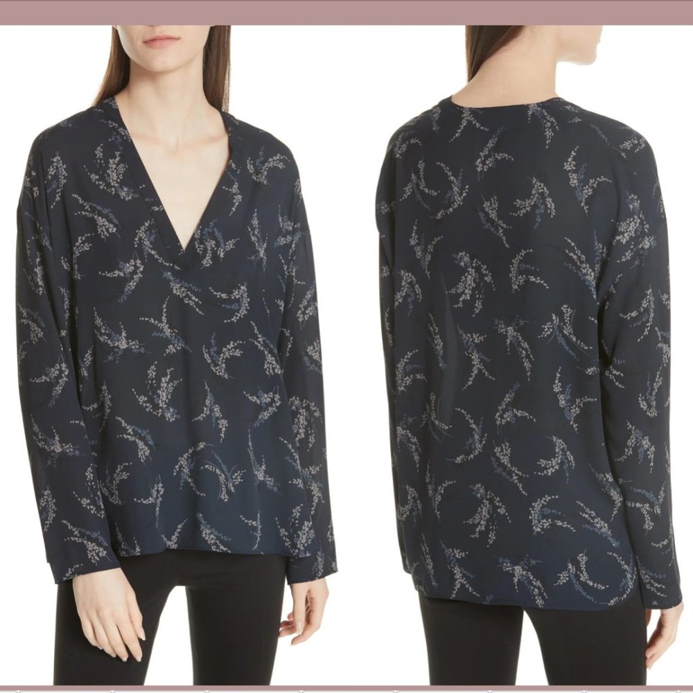 NWD $295 VINCE‎ [ Small ] Sprig Floral Print Popover Top In Costal Blue #5296